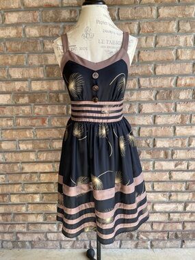 Anthropologie Burlapp Dandelion Wish 100% Silk Black and Taupe Fit / Flare Dress